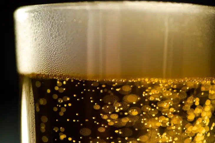 The head on the top of a cold lager, with carbonation from bottle priming.